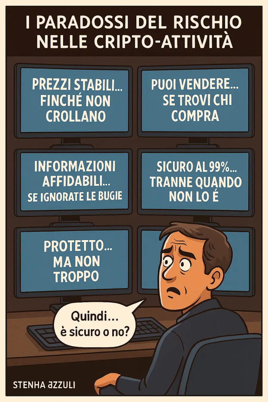 Infografica che spiega i rischi dei crypto-asset e la protezione limitata del regolamento MiCA